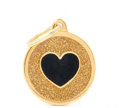 My Family Pet ID Tag, Large Glitter Circle, Gold/Black Heart, Shine Collection