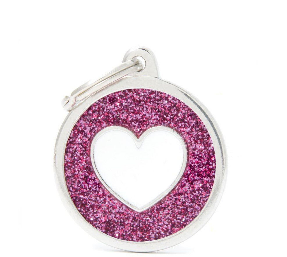 My Family Shine Big Glitter Circle Pet ID Tag - Grey & Black Heart, Customizable Engraving