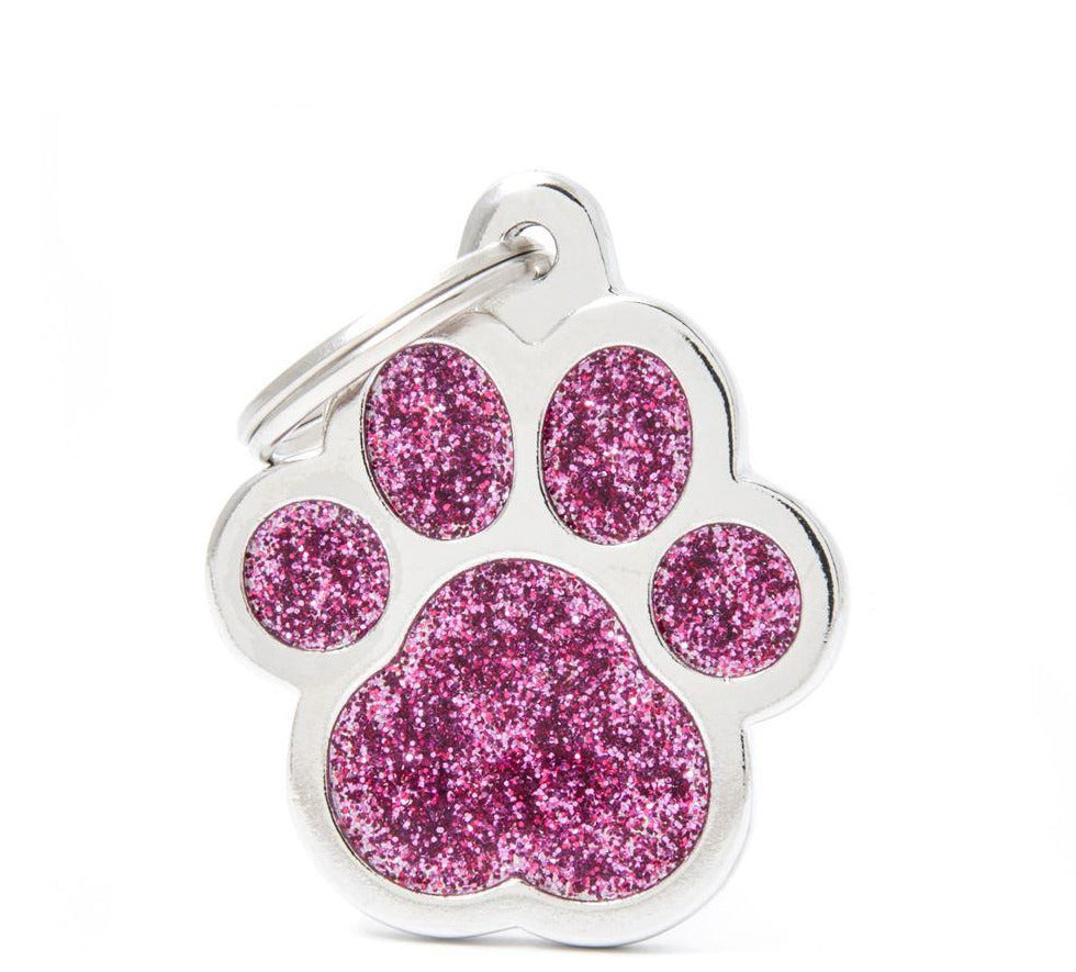 MyFamily Shine Big Pink Glitter Paw ID Tag - Large Pet Tag