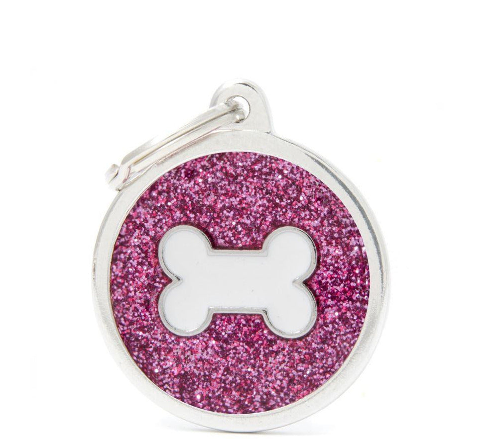 MyFamily Shine Large Circle Pet ID Tag - Pink Glitter with White Bone