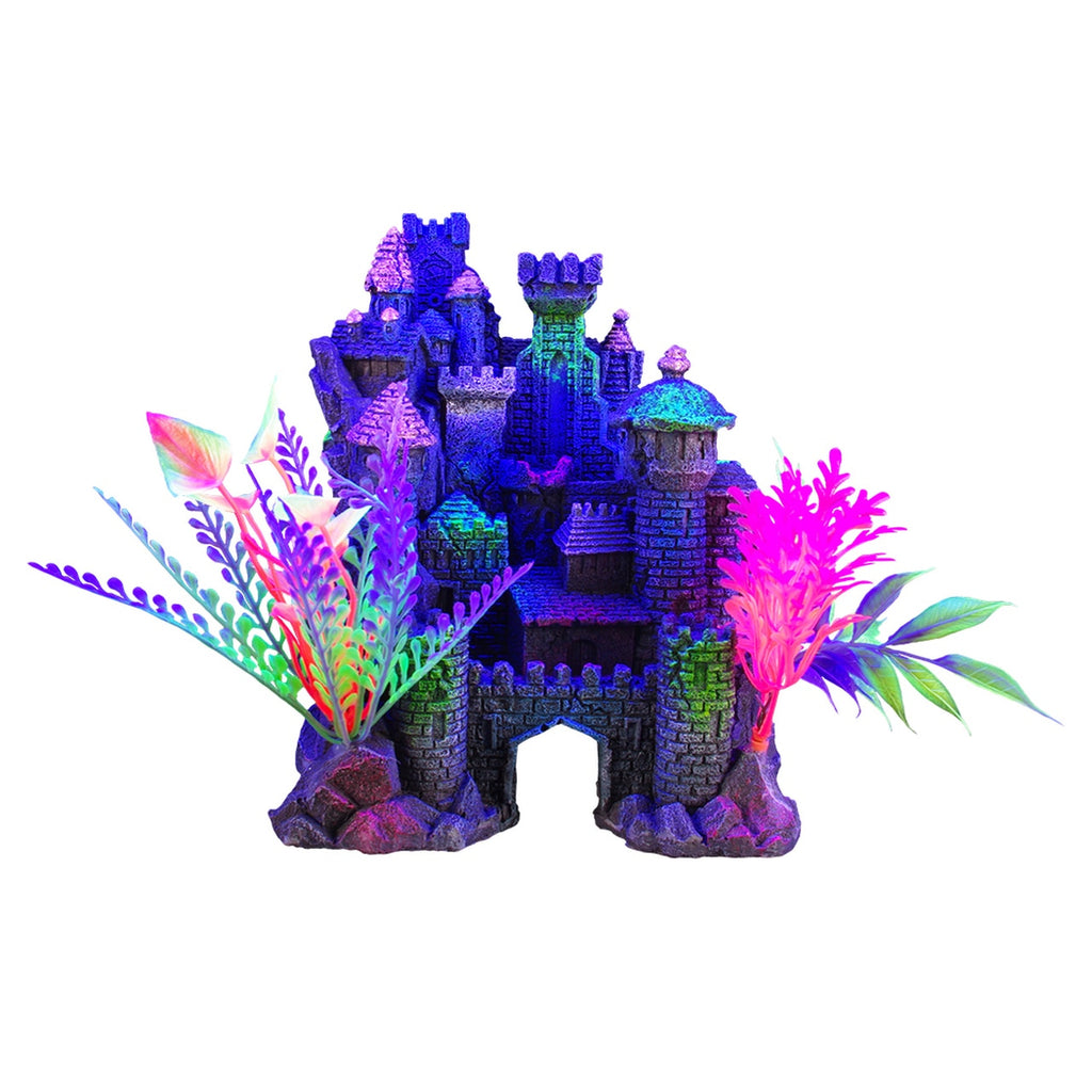 Marina iGlo Fantasy Castle with Plants Aquarium Ornament, 5x6.5x7.5", Glows Under Blue LEDs