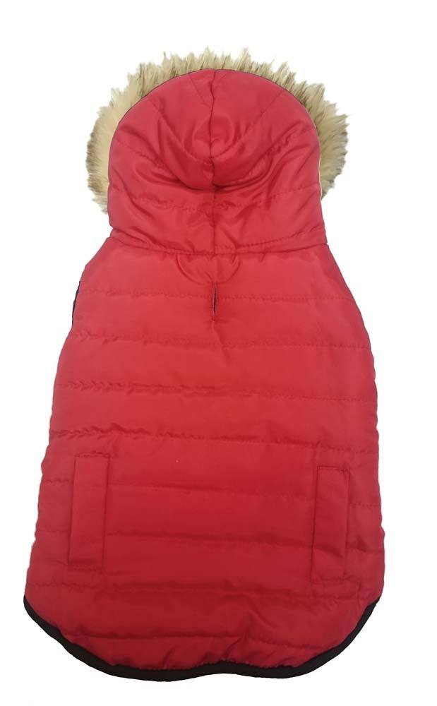 Outdoor Dog Puffer Jacket, Red & Black Quilted Winter Coat with Hood, Size L