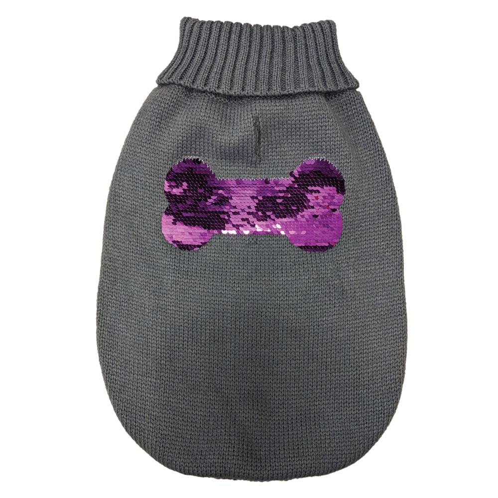 Fashion Pet Reversible Sequins Sweater - Gray & Purple Bone Design - Large