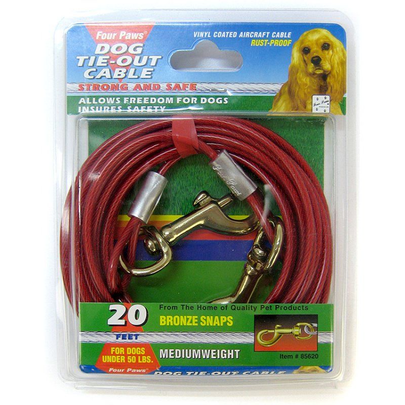 Four Paws Medium Weight Dog Tie Out Cable - 20 ft, Red, For Dogs Under 50 lbs