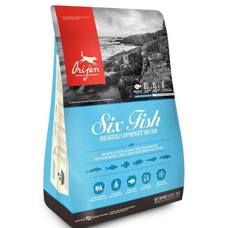 ORIJEN Six Fish Dog Food - Grain & Poultry Free, High Protein, Fresh Ingredients - 4.5 lb Bag