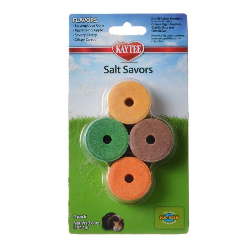 Kaytee Mini Salt Savors Flavors - Small Animal Salt Lick - 4 Count (Carrot, Celery, Corn, Apple)