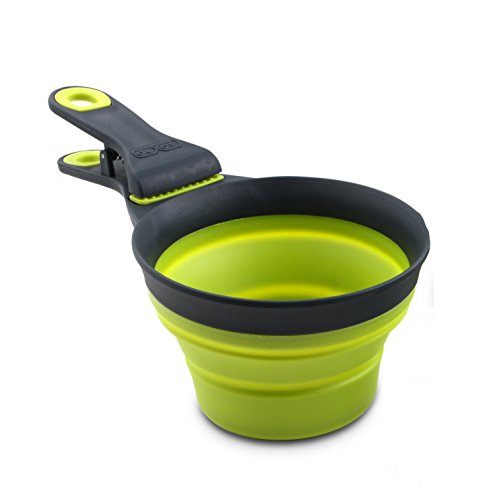 Dexas Popware Collapsible Klip Scoop - 1 Cup - Pet Food Scoop & Bag Clip - Green/Gray