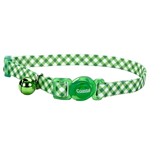 Safe Cat Collar - Checkered Green Breakaway Collar with Bell - 8-12 Inch Adjustable