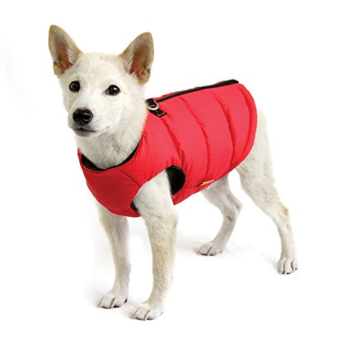 Gooby Padded Vest Dog Jacket - Red - Warm Fleece Vest with Dual D Ring Leash - Small to Medium Dogs