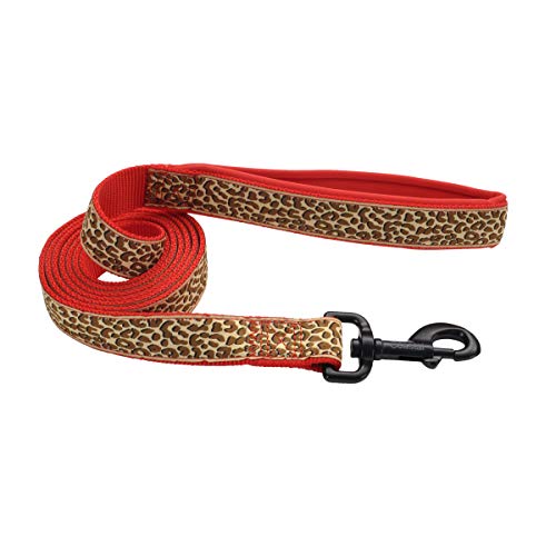Coastal Ribbon Weave Dog Leash, Brown Leopard on Red, 1 inch x 6 feet