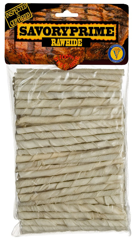 Savory Prime Rawhide Twist Sticks - White, 5 inch, 100 Count - Dog Chews