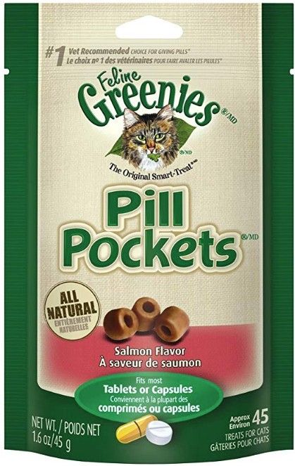 Greenies Feline Pill Pockets Salmon Flavor Cat Treats, 1.6 oz (45 Count) - Pill Concealer for Cats