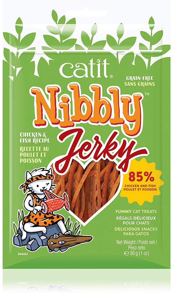 Catit Nibbly Jerky Chicken & Fish Cat Treats - 30g / 1.06oz Chewy Slices Grain-Free