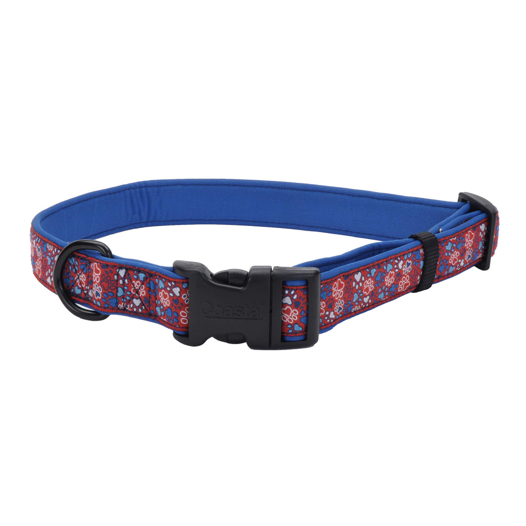 Coastal Ribbon Weave Dog Collar - Red & Blue Paws, Adjustable, Comfortable Neoprene Lining