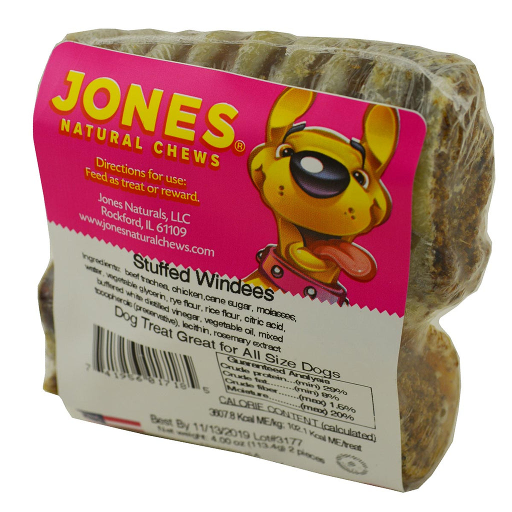 Jones Natural Chews Stuffed Windees - Chick N Rice Flavor Filled Beef Trachea - 2 Pack