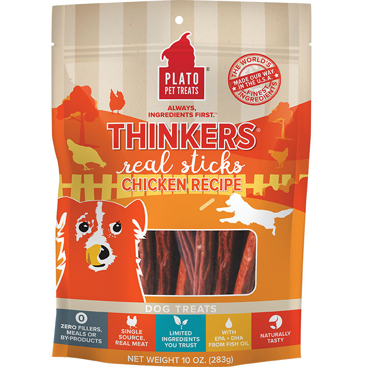 Plato Thinkers Chicken Recipe Dog Treats - 10oz Chicken Sticks with EPA & DHA