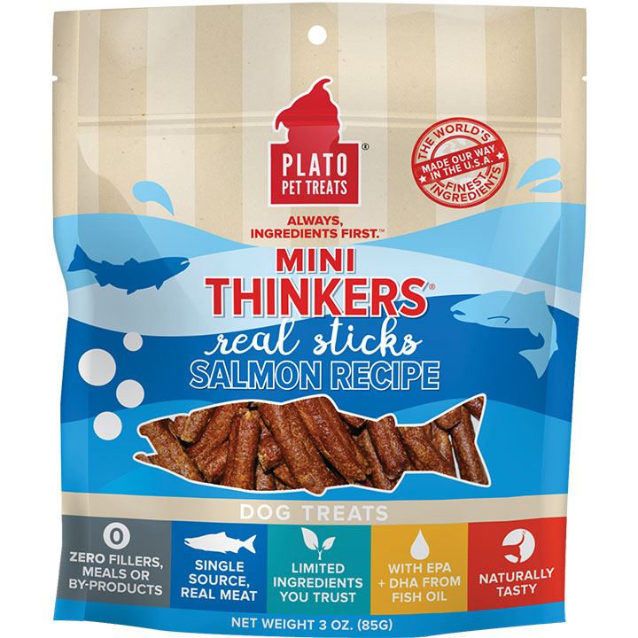 PLATO Mini Thinkers Salmon Recipe Dog Treats, 3oz Natural Real Meat Sticks - Brain Support