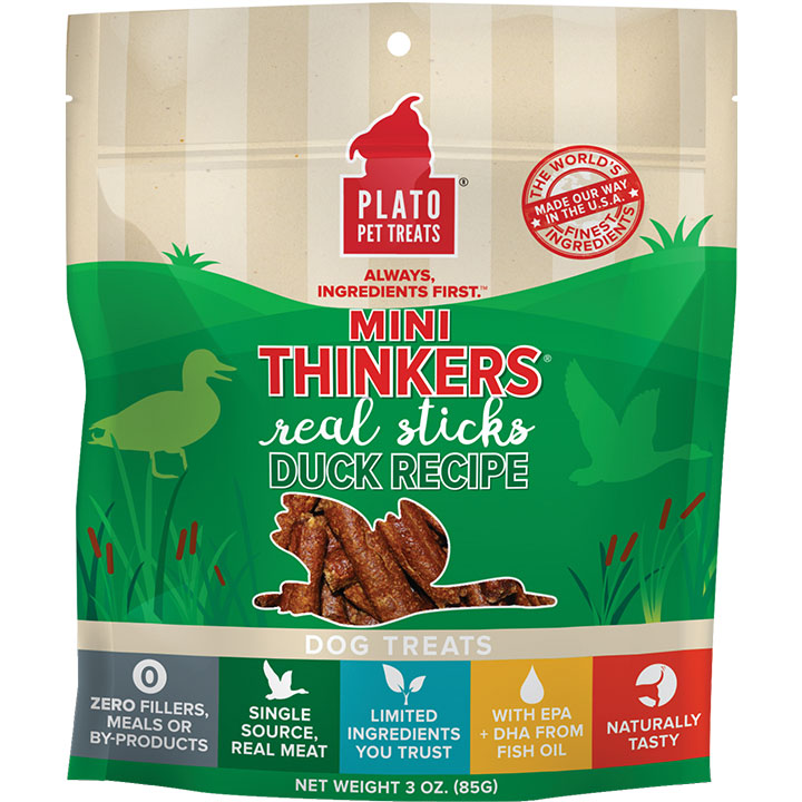 PLATO Mini Thinkers Duck Recipe Dog Treats, 3 oz - Natural Duck Sticks with EPA & DHA