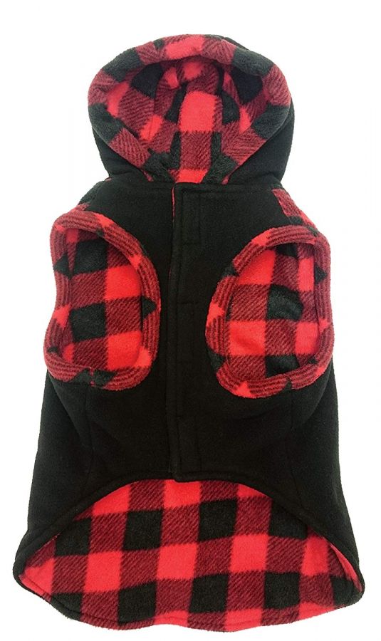 Fashion Pet Black Outdoor Dog Coat with Toggle & Plaid Trim - Large