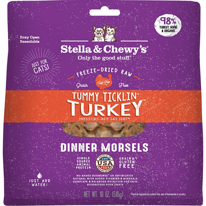 Stella & Chewy's Tummy Ticklin' Turkey Freeze-Dried Raw Cat Food, Grain-Free Dinner Morsels, 18 oz
