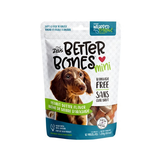 Zeus Better Bones Mini Dog Treats, Peanut Butter Flavor, Chicken-Wrapped, Rawhide Free, 12 Count