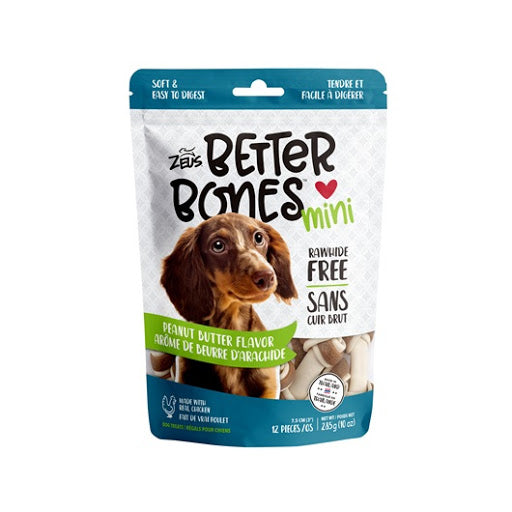 Zeus Better Bones Dog Treats, Peanut Butter, Mini Bones, Rawhide Free, 12 Count