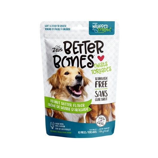 Zeus Better Bones Chicken Wrapped Twists Dog Treats - Peanut Butter Flavor, 10 Pack