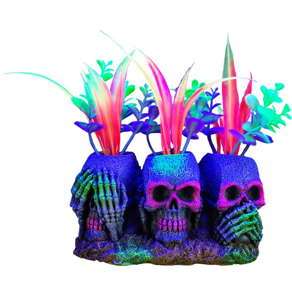 Marina iGlo Aquarium Ornament - 3 Skulls with Plants - 3 inch Fish Tank Decor