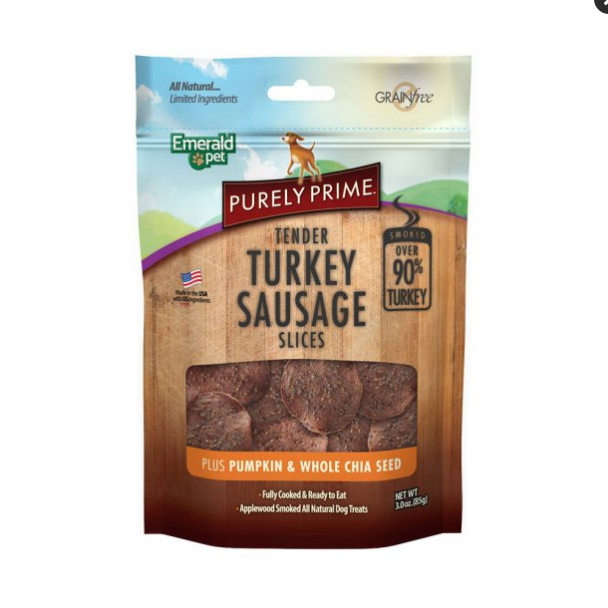 Emerald Pet Purely Prime Turkey Sausage Slices Dog Treats - Pumpkin & Chia, 3oz