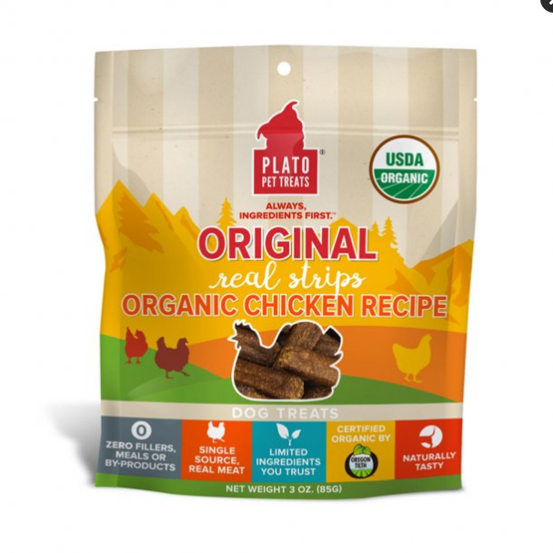 Plato Original Real Strips Organic Chicken Dog Treats, 3 oz