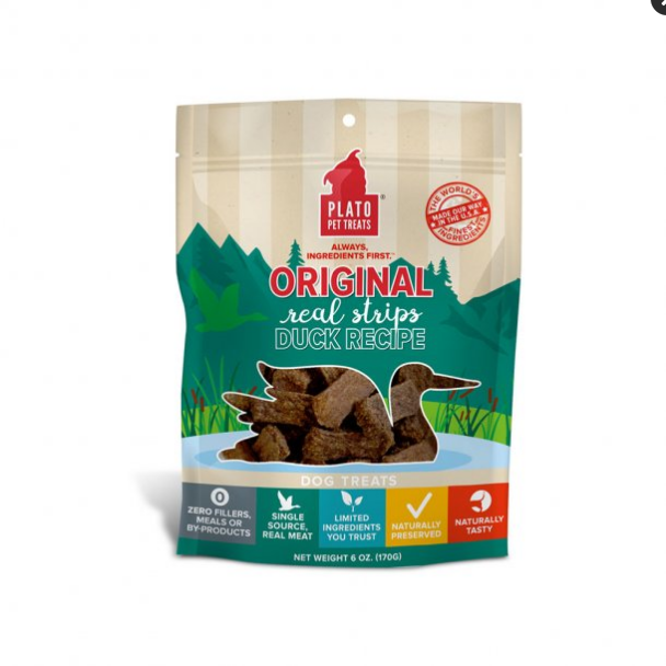 Plato Original Real Strips Duck Recipe Dog Treats 6oz