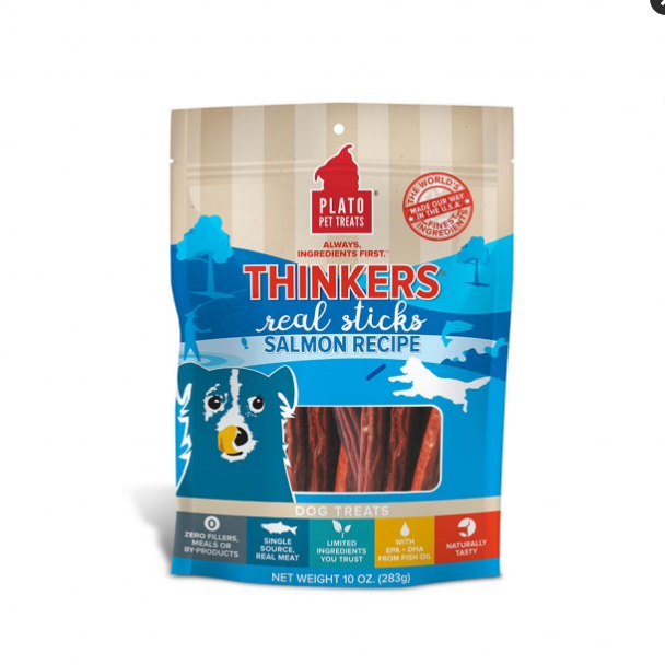 Plato Thinkers Salmon Recipe Dog Treats - 10oz, Chewy Limited Ingredient Sticks with Real Salmon