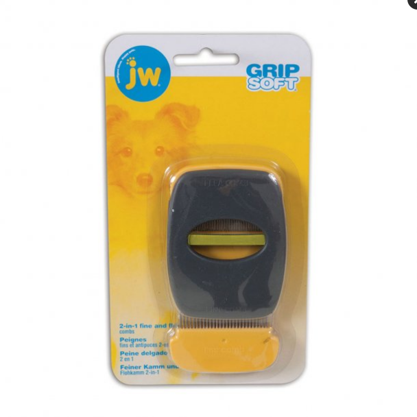 JW GripSoft 2-in-1 Flea & Fine Tooth Comb for Dogs & Cats - Removes Tangles and Fleas
